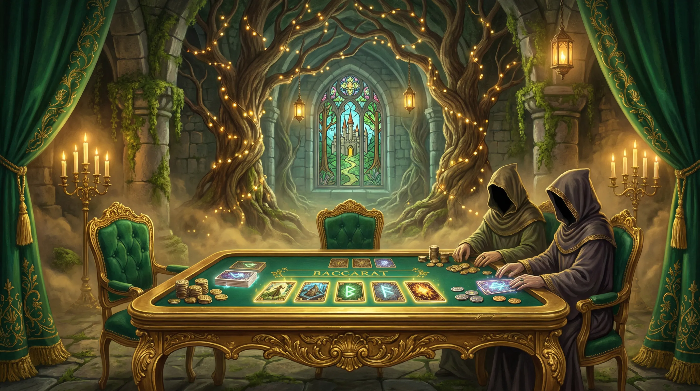 Mesa de bacará elegante com cartas douradas no Tradicionalbet